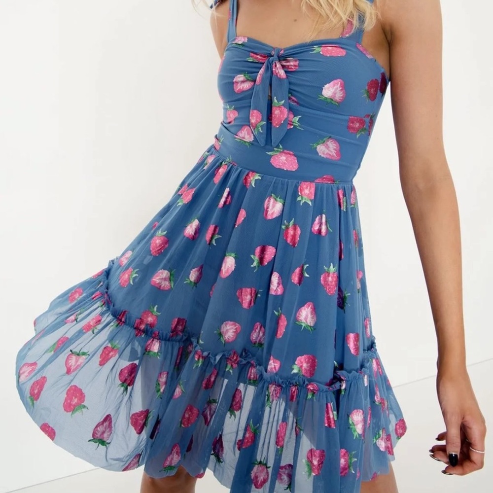 BLACKMILK STRAWBERRIES BLUE SWEET TIE SHORT DRESS - LIMITED SIZE S